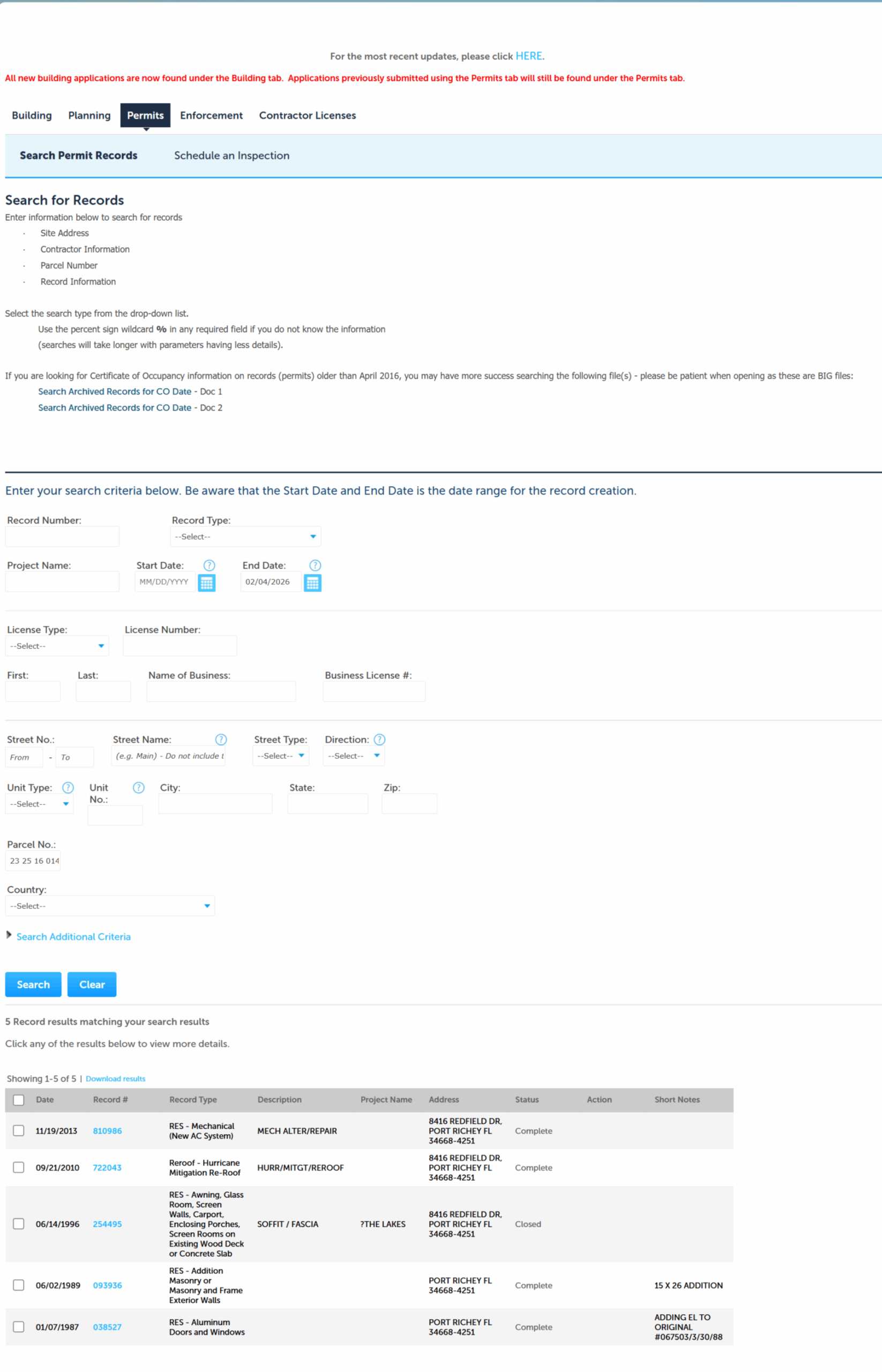 Parcel search example placeholder